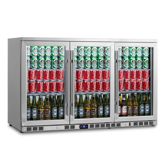 A stainless steel 3-door beverage refrigerator with glass doors, featuring cans and bottles of beer inside.