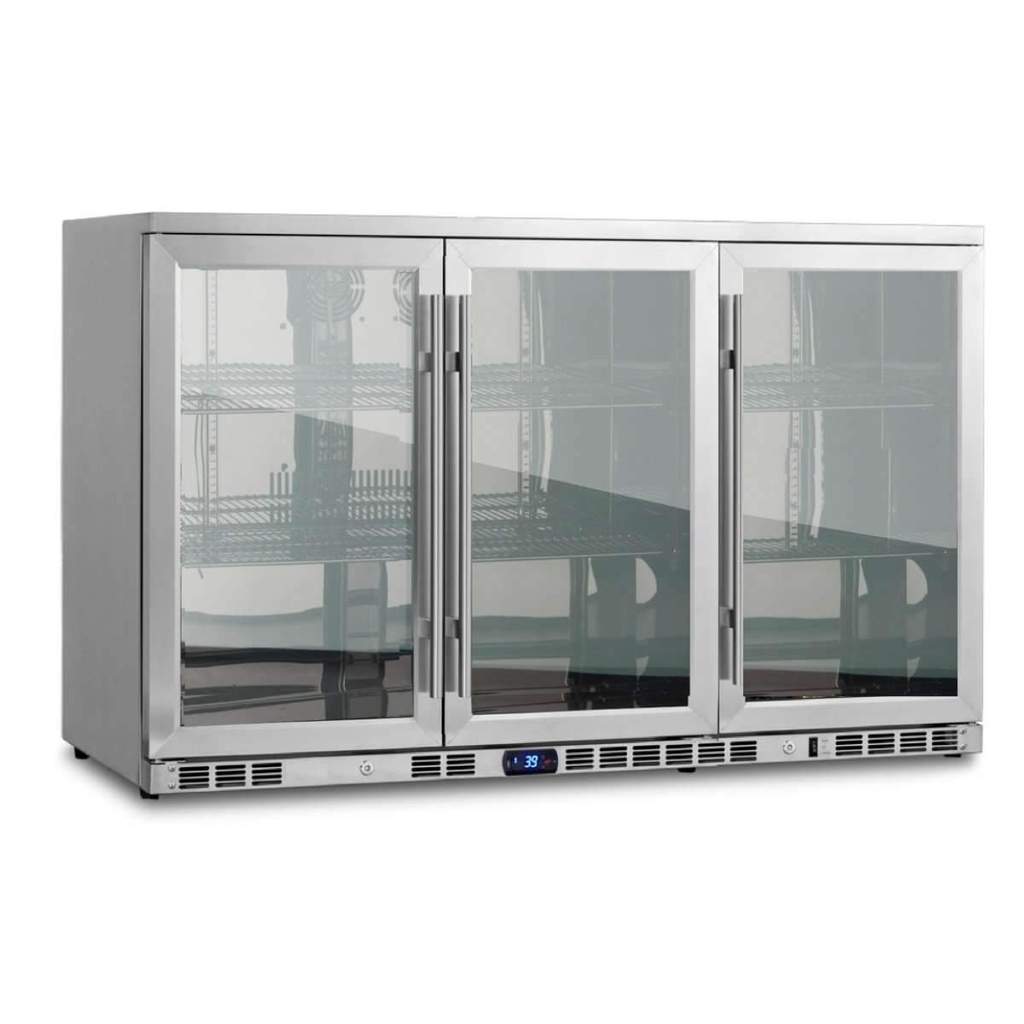 A stainless steel 3-door beverage refrigerator with glass doors, perfect for home bars or restaurants. Features adjustable low-E heated glass to keep the front fog-free.