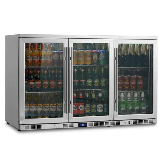 A large stainless steel beverage refrigerator with glass doors, perfect for home bars or restaurants. Holds 190 bottles or 324 cans.