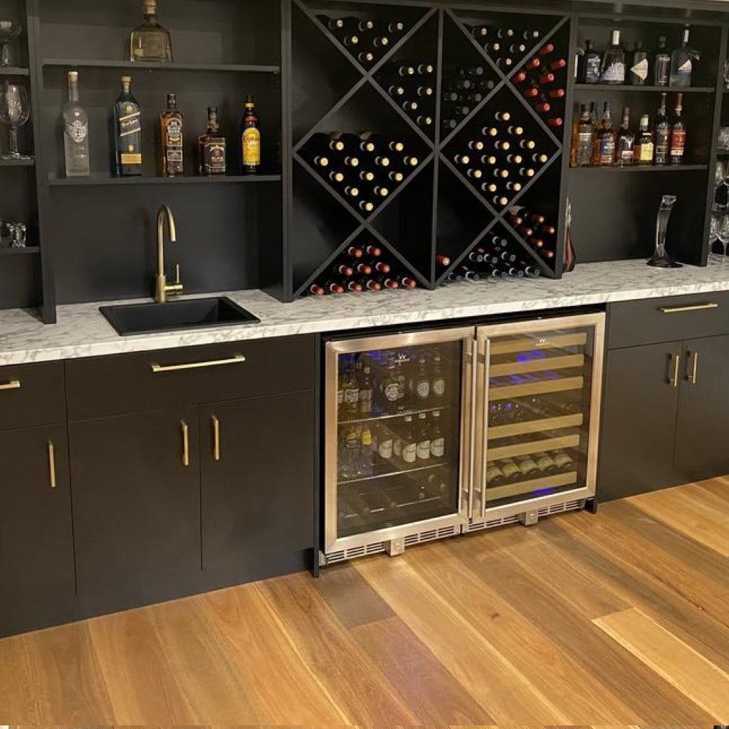 A side-by-side wine cellar and beverage fridge with space for 160 cans and 46 wine bottles.