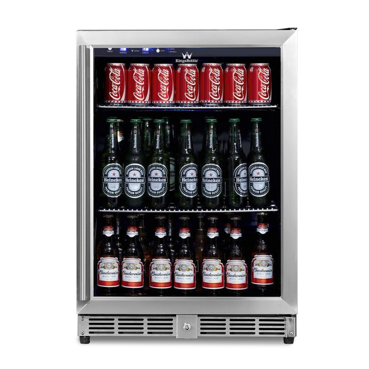 A Kings Bottle 24" Beer Cooler Fridge with glass door, stainless steel trim, and 203 can capacity.