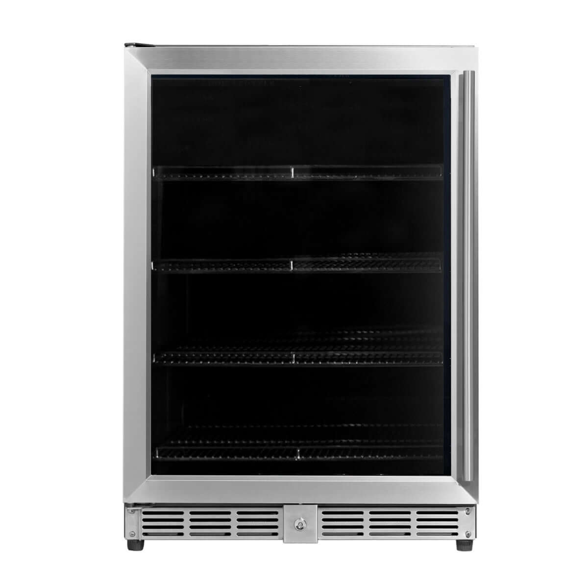 A close-up of a Kings Bottle 24" Beer Cooler Fridge with a glass door and stainless steel trim, holding 203 cans or 98 bottles.