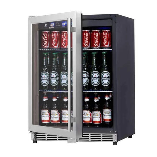 A Kings Bottle 24" Beer Cooler Fridge with a glass door, holding bottles and cans of beer and other beverages.