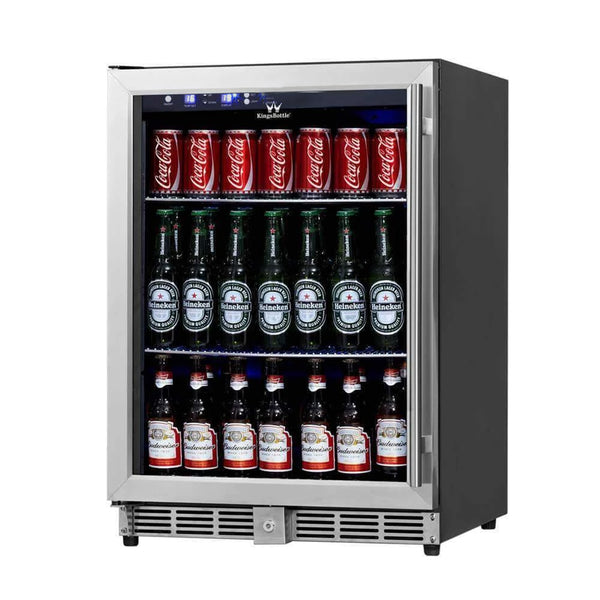A Kings Bottle 24 Beer Cooler Fridge with glass door and stainless steel trim, filled with bottles of beer.