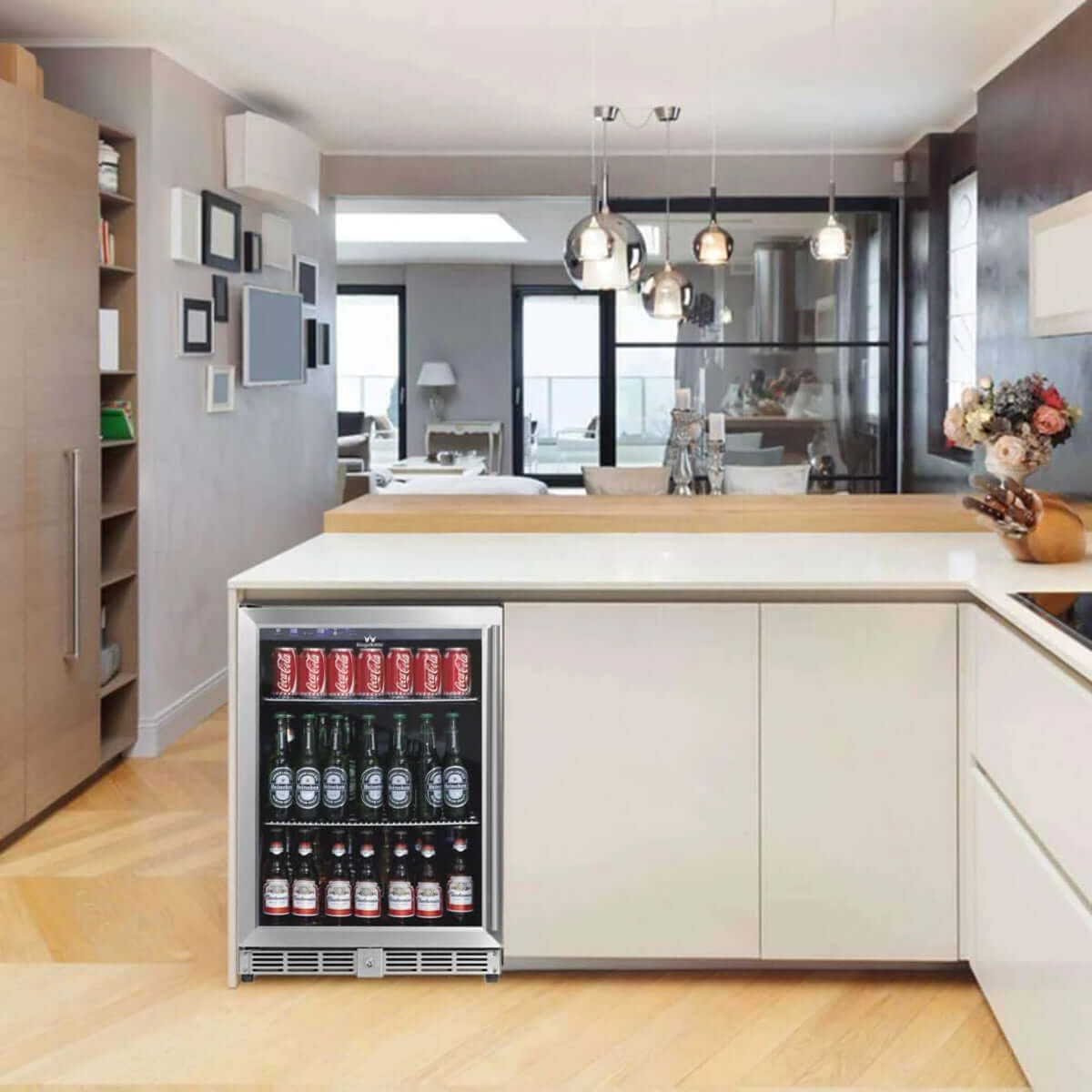 A Kings Bottle 24" Beer Cooler Fridge with a glass door, stainless steel trim, and beverages inside.