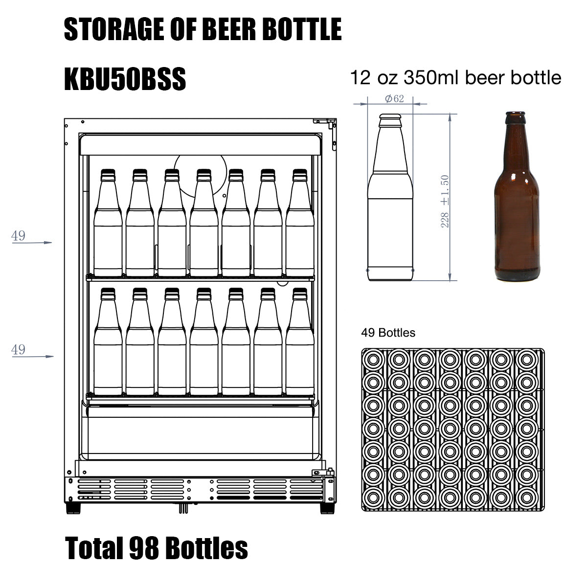 A diagram of a Kings Bottle 24" Beer Cooler Fridge with a glass door and stainless steel trim.