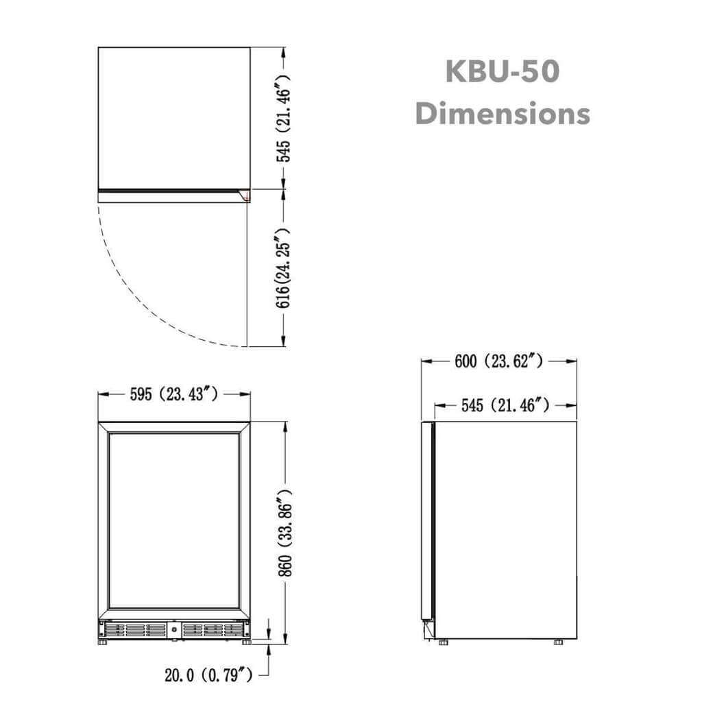A diagram of a Kings Bottle 24" Beer Cooler Fridge with a glass door and stainless steel trim, featuring adjustable shelves and a touchpad digital temperature control.