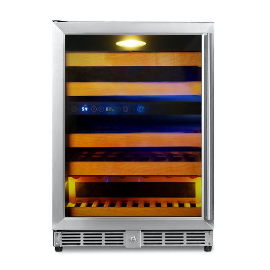A 24" dual zone wine cooler with a glass door, holding 44 bottles of wine. Features include low-E glass, inverter compressor, and energy efficiency.