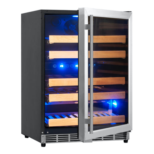 A 24-inch wine fridge with a glass door, featuring a dual-zone design for storing 44 bottles of wine.