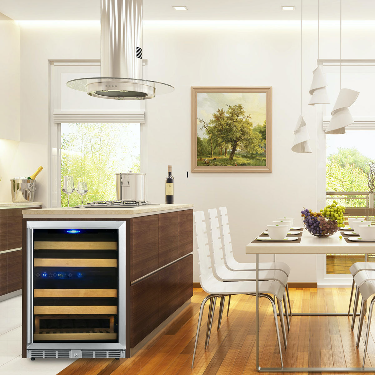 A kitchen with a table and chairs, featuring a 24" dual zone wine cooler with a glass door and stainless steel finish.