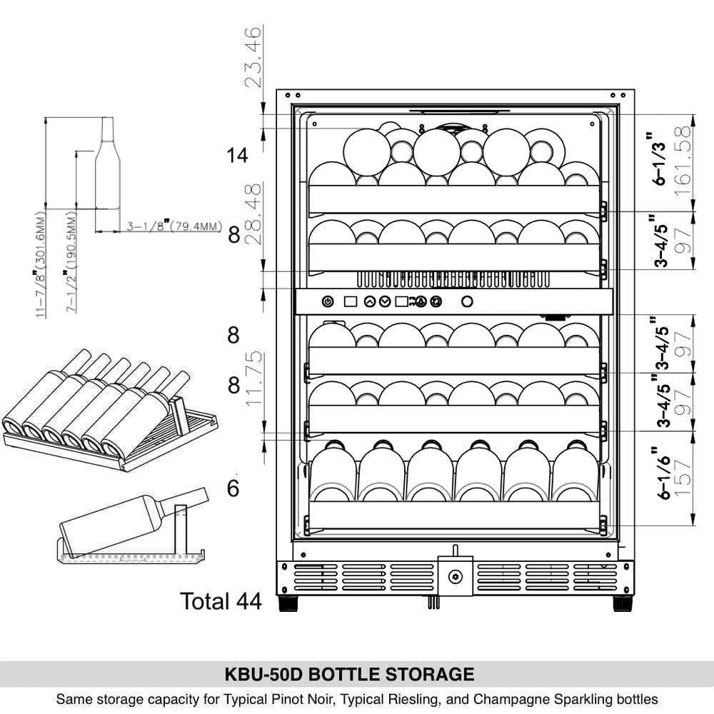 A drawing of a 24-inch wine fridge refrigerator with a glass door, capable of holding 44 bottles of wine.