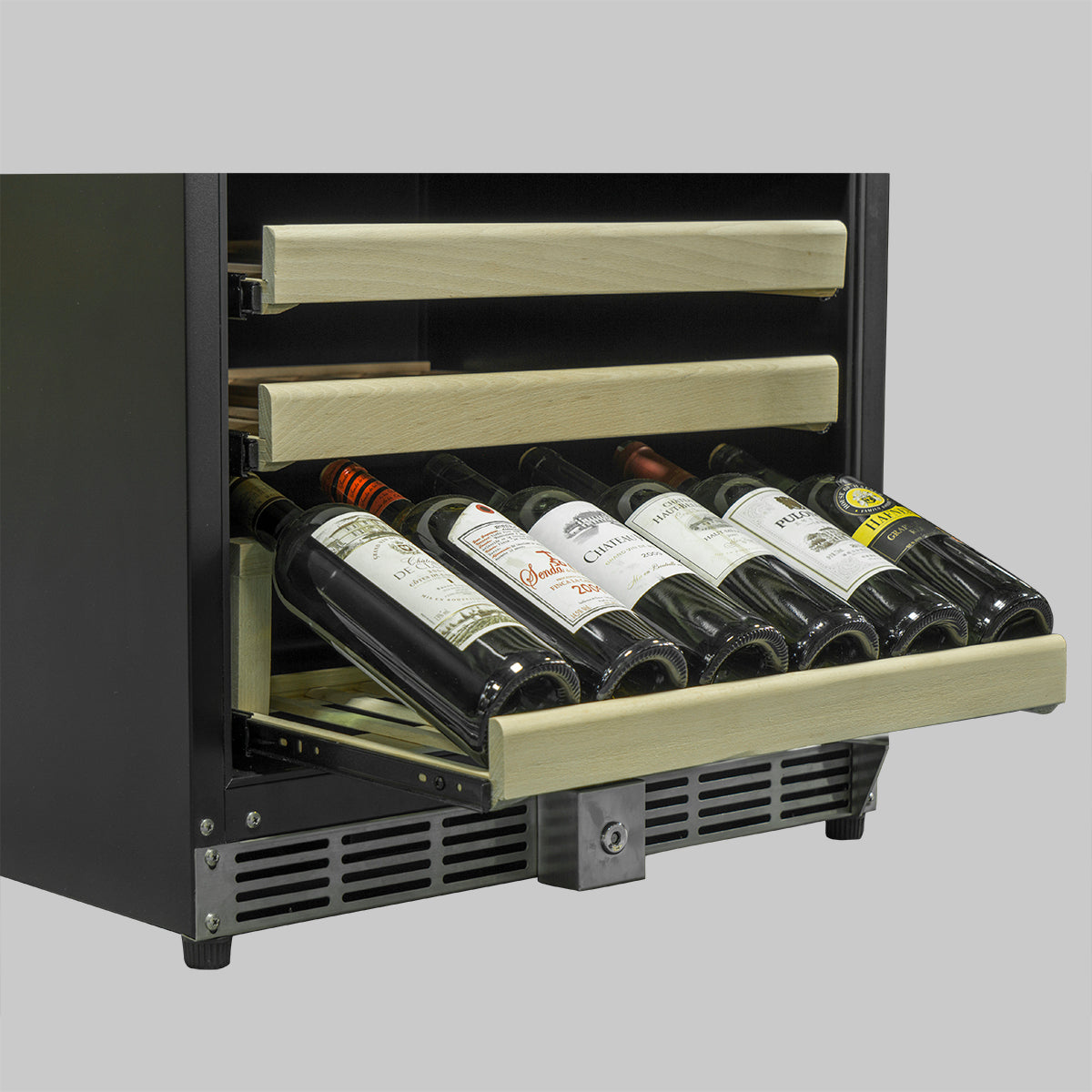 A 3-zone wine cooler and beverage fridge with bottles of wine.