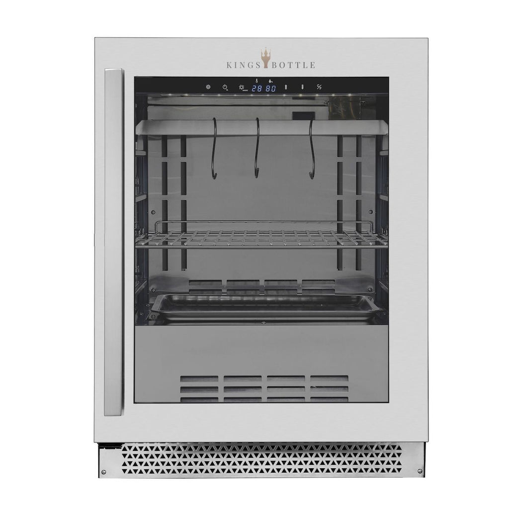 A white refrigerator with a glass door, perfect for storing and drying aged meat. Precise temperature and humidity control for professional-grade results. Kings Bottle 24