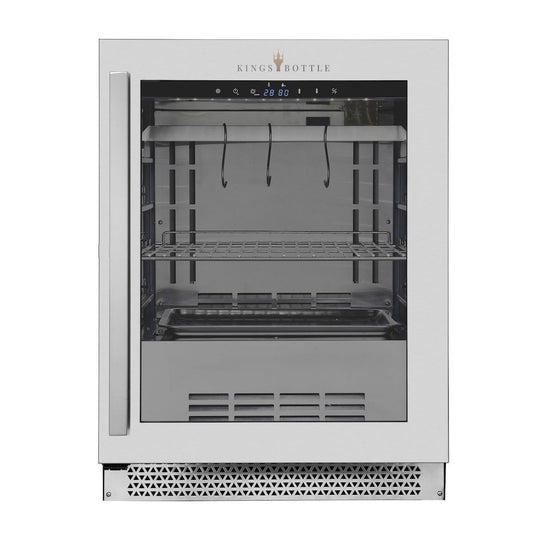 A white refrigerator with a glass door, perfect for storing and drying aged meat. Precise temperature and humidity control for professional-grade results. Kings Bottle 24" Single Zone Under Counter Steak Ager Refrigerator Glass Door with Stainless Steel Frame.