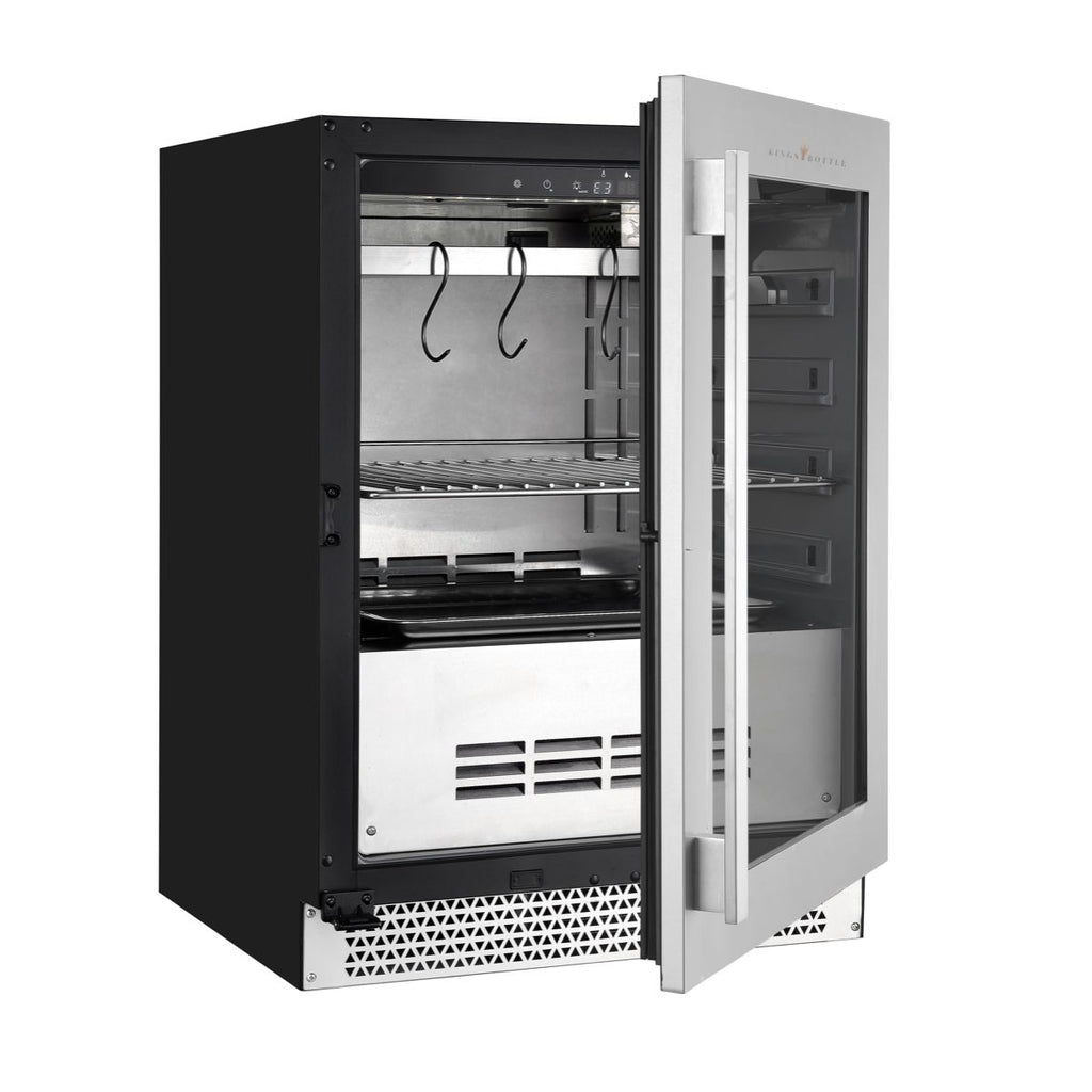 A black and silver refrigerator with precise electronic control system for temperature and humidity adjustments.