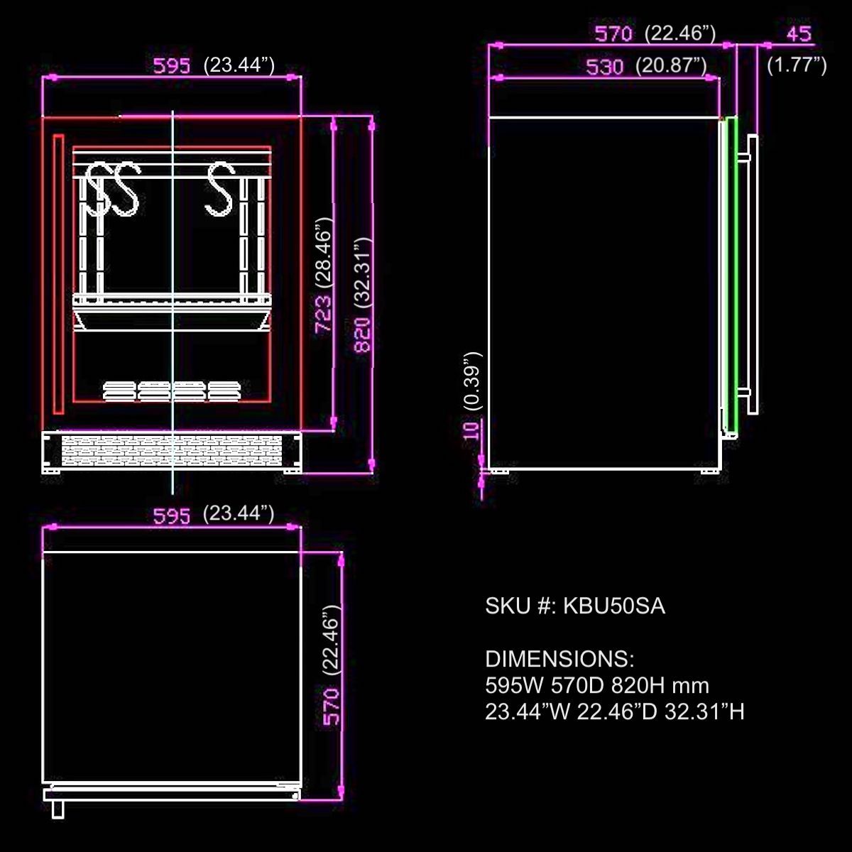 A diagram of a small refrigerator for storage and drying of aged meat. Kings Bottle 24" Single Zone Under Counter Steak Ager Refrigerator Glass Door with Stainless Steel Frame.