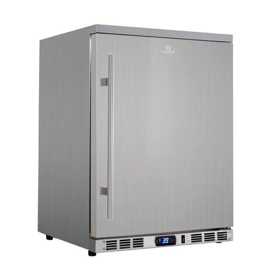A silver outdoor beverage cooler fridge with stainless steel exterior and mirror interior cabinet, featuring a digital display and self-closing solid door.