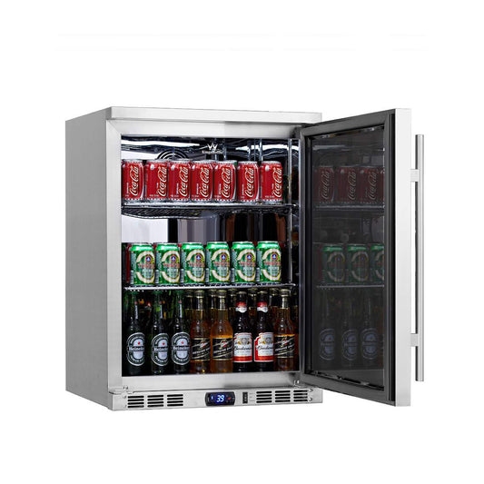 A stainless steel outdoor beverage cooler fridge with a door open, filled with beer cans and bottles.