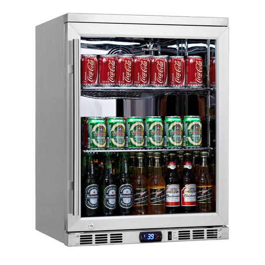 A stainless steel undercounter glass door refrigerator filled with bottles and cans of beer.