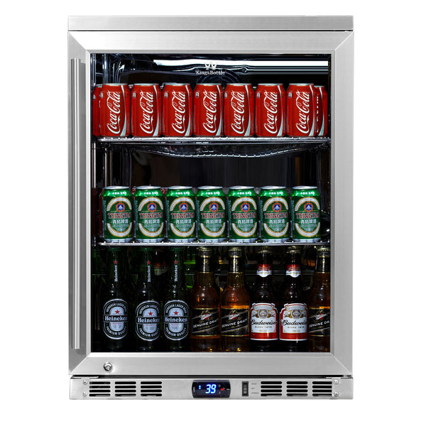 A stainless steel undercounter glass door refrigerator filled with cans and bottles of beer.