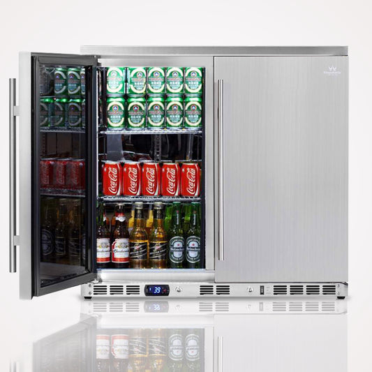 A 36" outdoor beverage cooler with adjustable chromed shelves and stainless steel doors, holding 120 bottles or 198 cans.