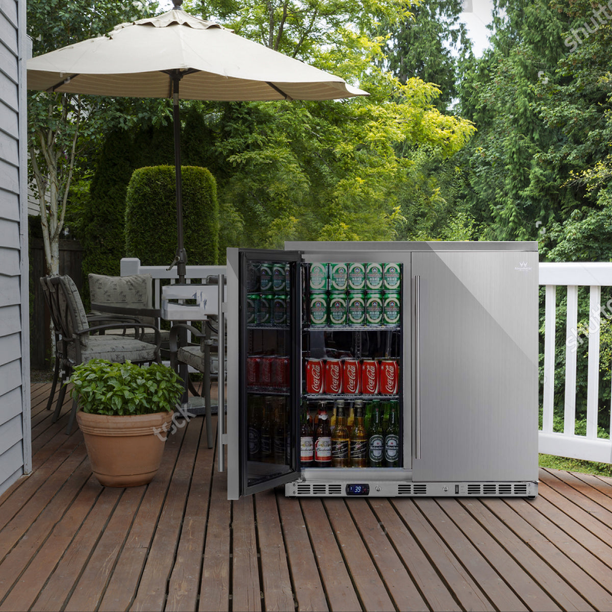 A Kings Bottle 36" Outdoor Beverage Refrigerator with two doors, perfect for cooling drinks on hot summer days.