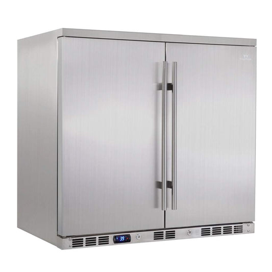 A silver refrigerator with two doors, perfect for outdoor use. Offers versatile cooling capacity with adjustable shelves. Built with solid stainless steel and equipped with a premium temperature controller.