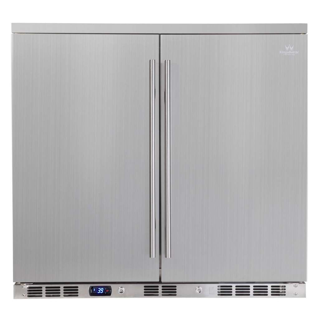 A silver refrigerator with two doors, perfect for outdoor use. Spacious interior, adjustable chromed shelves, and solid stainless steel construction. Kings Bottle 36" Outdoor Beverage Refrigerator 2 Door For Home.