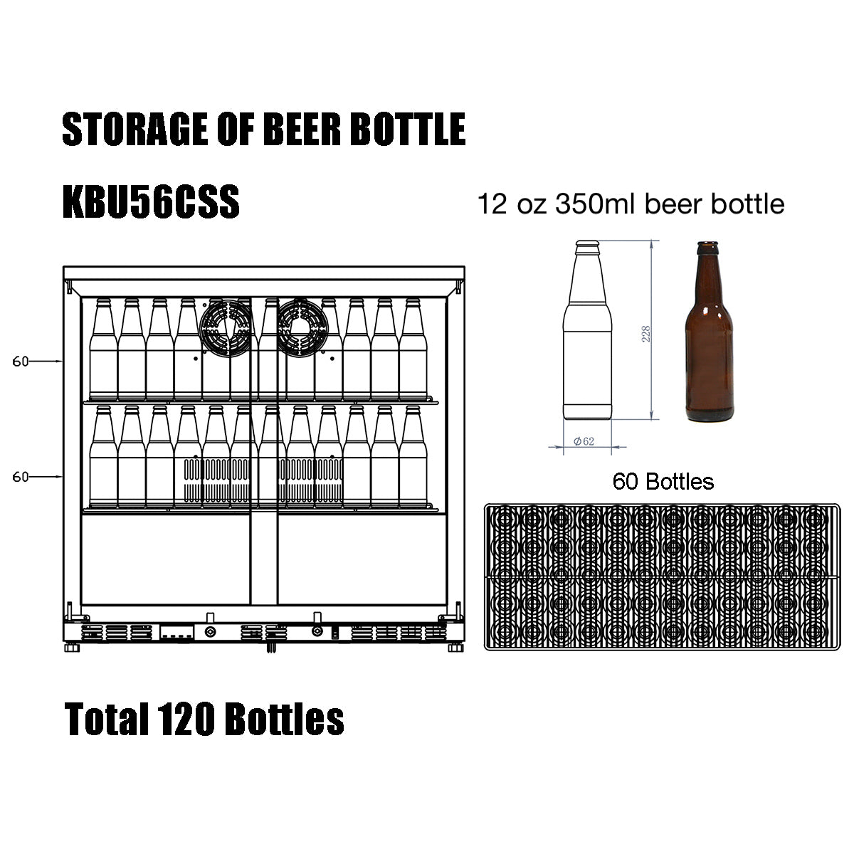 A diagram of a Kings Bottle 36" outdoor beverage cooler with adjustable chromed shelves and solid stainless steel doors.