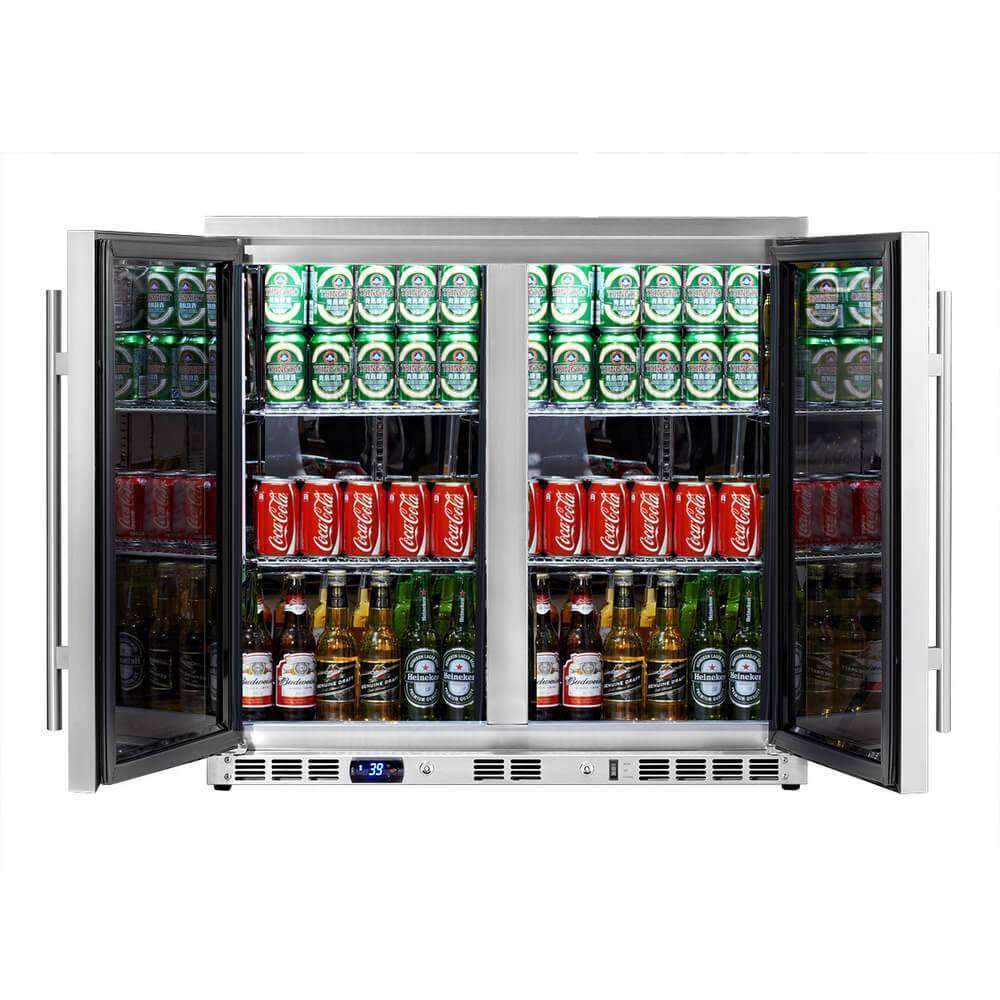 Kings Bottle 36" Heating Glass 2 Door Built In Beverage Fridge: A refrigerator filled with drinks and cans, perfect for home and commercial bars.