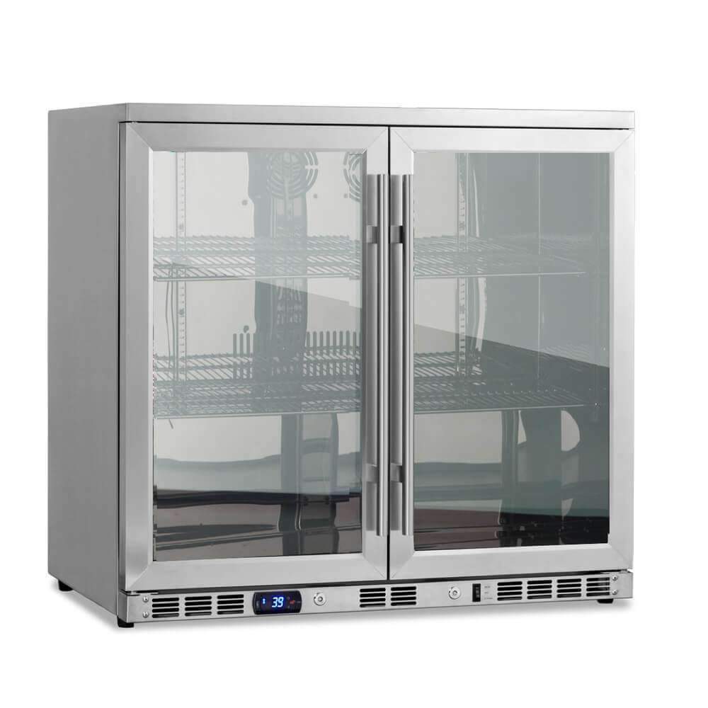 A large stainless steel 2-door beverage fridge with heated glass doors, perfect for home and commercial bars. Holds 198 cans or 120 bottles.