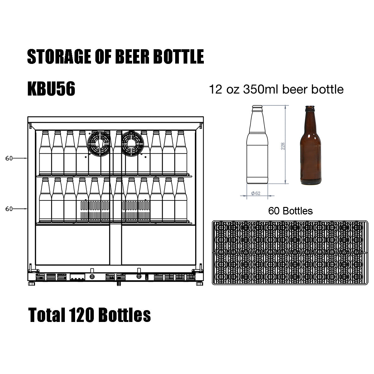 A diagram of a beer bottle in a Kings Bottle 36" Heating Glass 2 Door Built In Beverage Fridge.