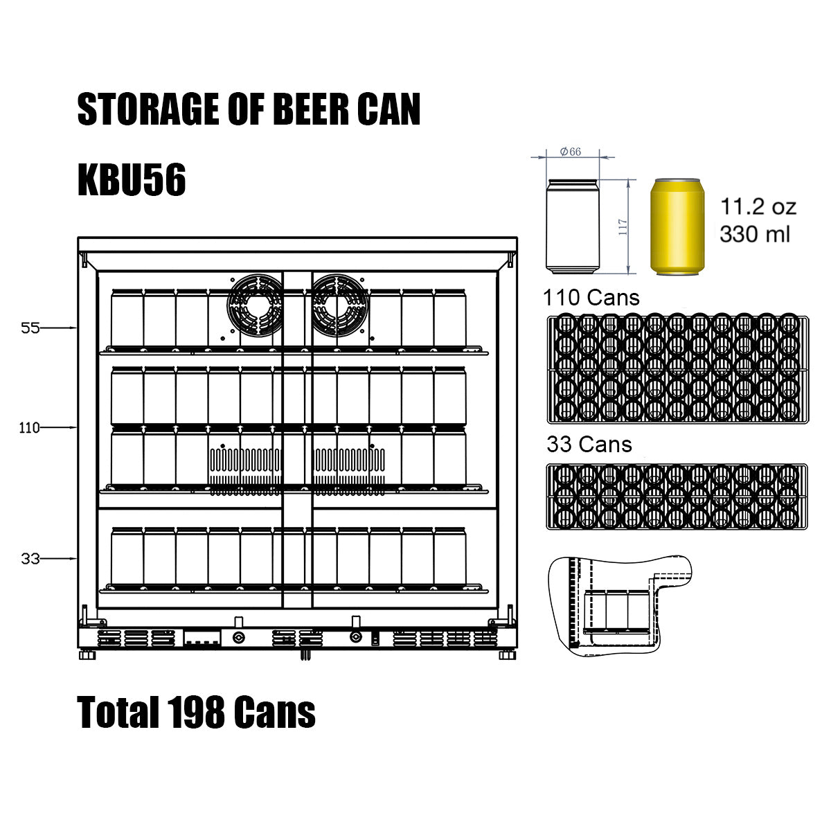 A black and white drawing of a Kings Bottle 36" Heating Glass 2 Door Built In Beverage Fridge with a beer can, machine, and logo.