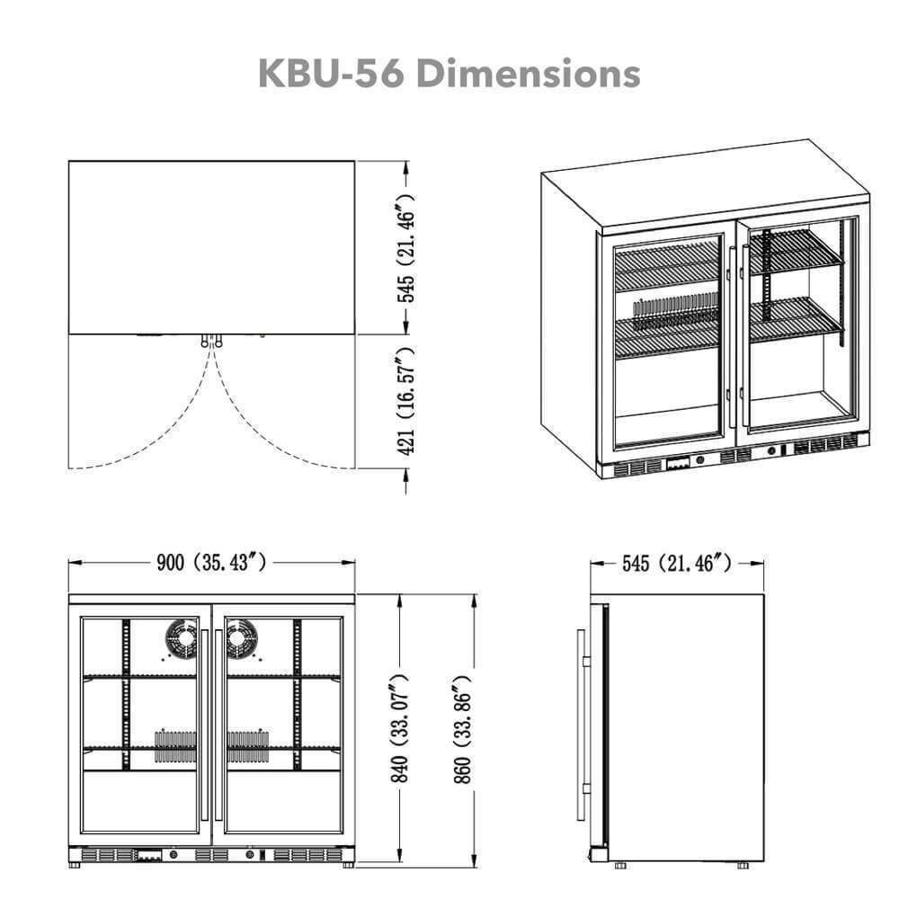 A drawing of a Kings Bottle 36" Heating Glass 2 Door Built In Beverage Fridge, with a white rectangular object and black lines.