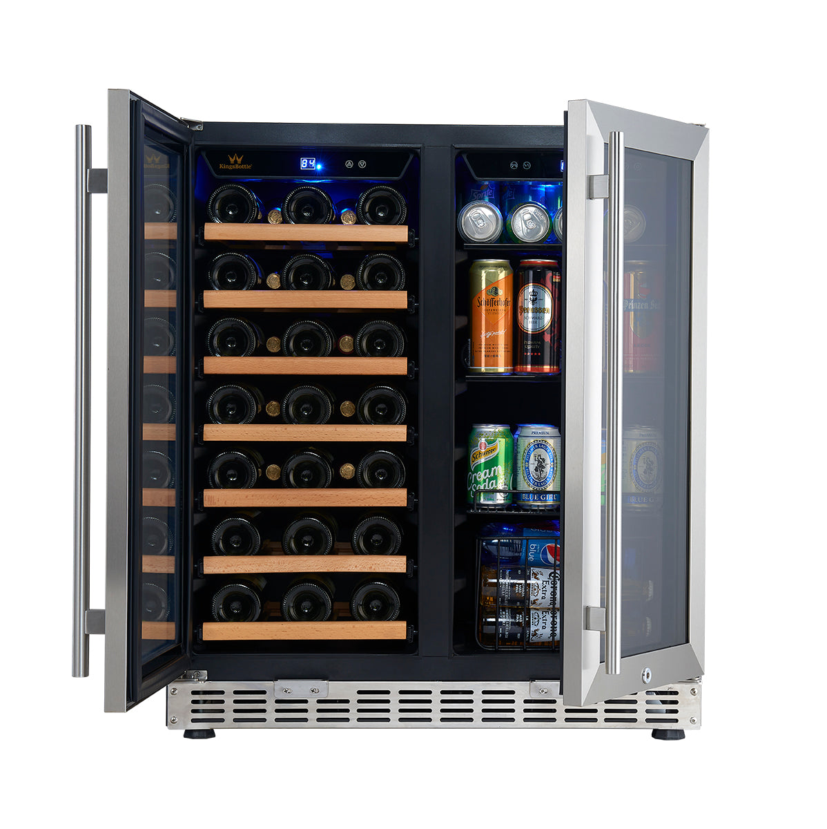 A Kings Bottle 30" Under Counter Low-E Glass Door Wine and Beer Cooler Combo with bottles and cans inside.