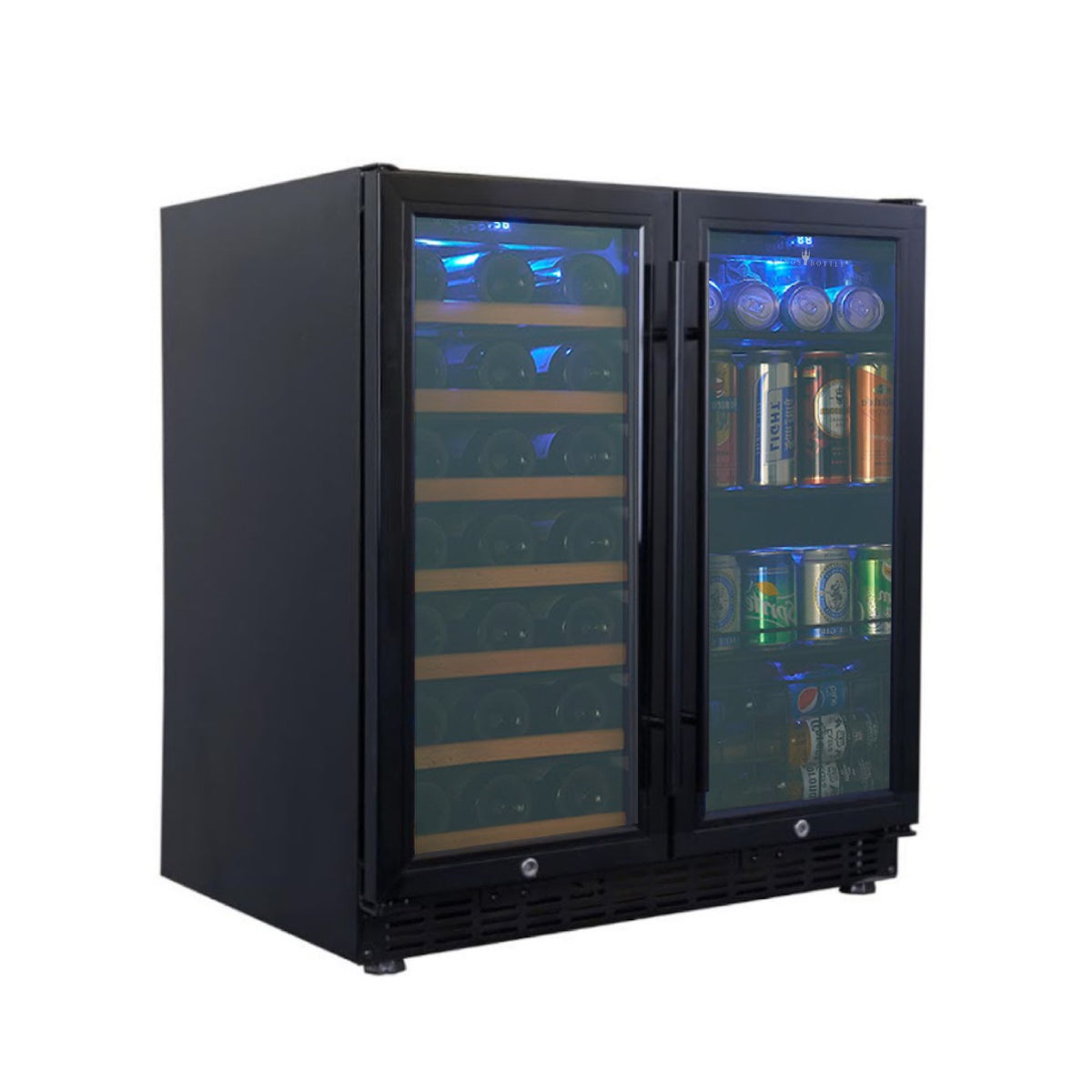 A black refrigerator with a glass door, featuring two compartments for wine and beer storage.