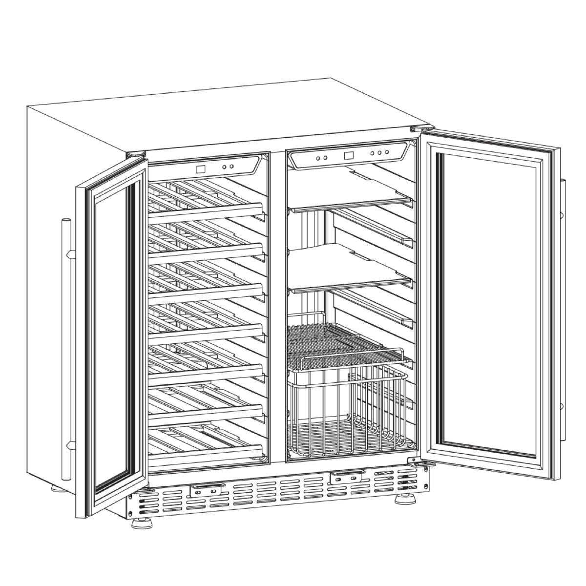 A sketch of a Kings Bottle 30" under counter wine and beer cooler combo with low-E glass door.