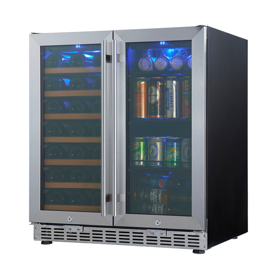 A 30" under counter wine and beer cooler combo with a glass door, featuring two compartments for wine and beer storage.