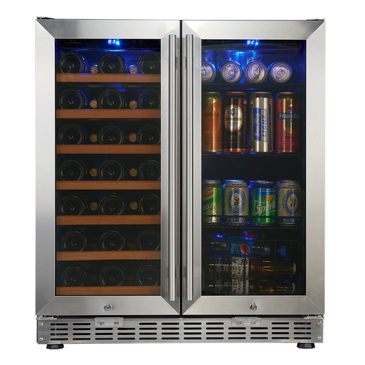 A silver refrigerator with a glass door, featuring beer and cans, close-ups of bottles and cans, and a metal surface.