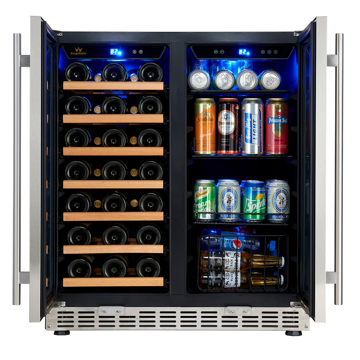 Alt text: "Kings Bottle 30" Under Counter Low-E Glass Door Wine and Beer Cooler Combo - A refrigerator with bottles and cans of wine, beer, and fizzy drinks."