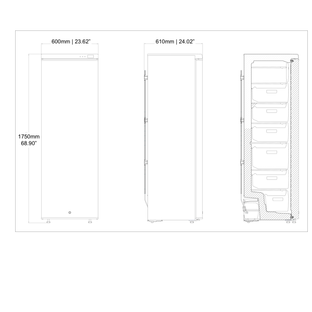 A tall cabinet with a refrigerator diagram, a white rectangular object with blue dots, a file cabinet drawing, a container drawing, and a cell phone screenshot.