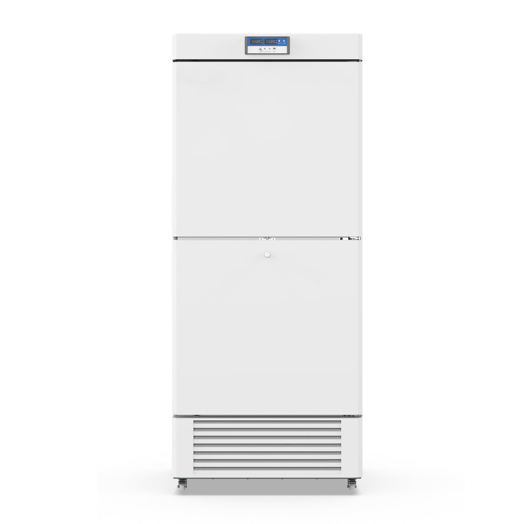 A white refrigerator with a digital display and a door open, suitable for medical and lab freezer storage. Kings Bottle -10~-25°C Low Temperature 450L Two Chambers Biomedical Freezer.