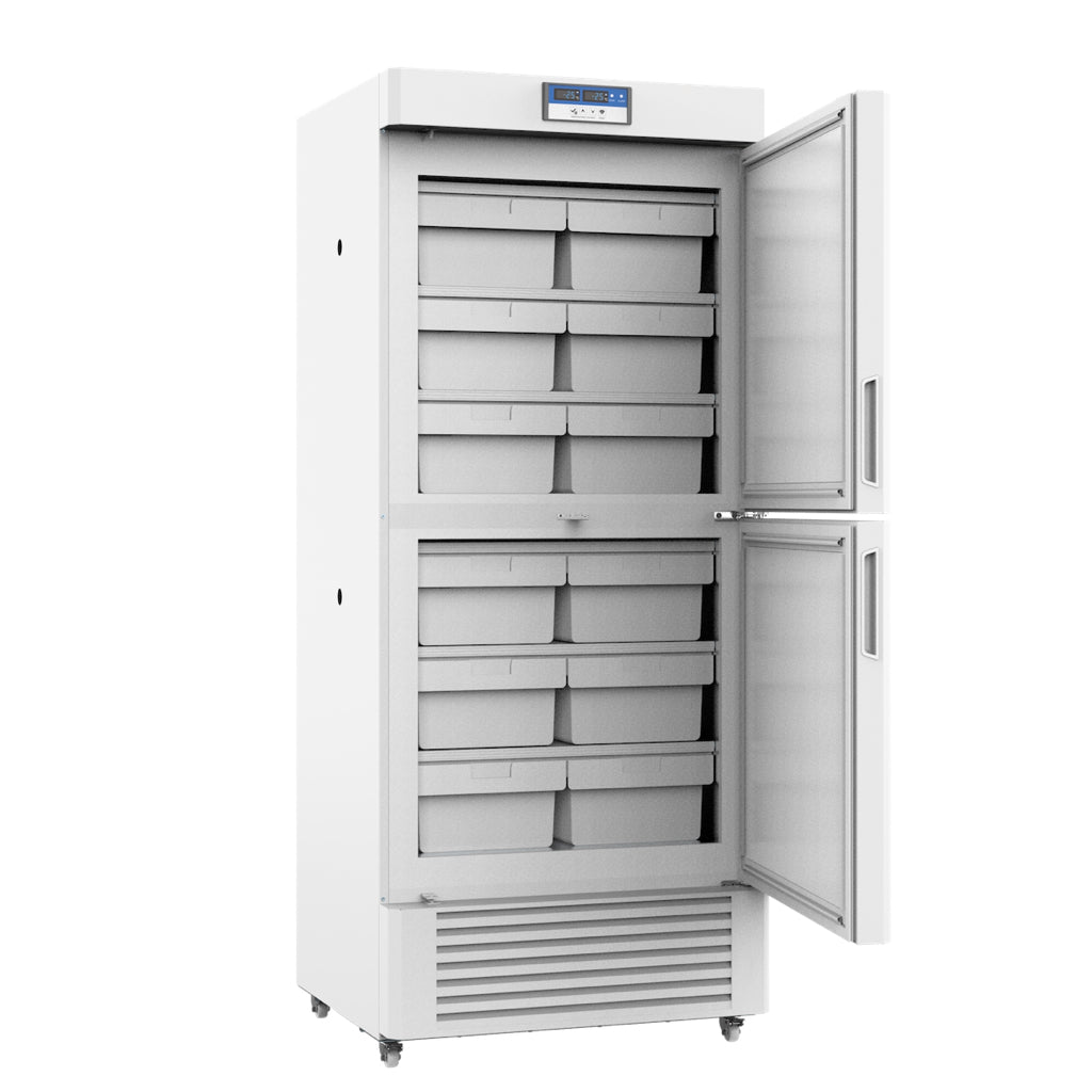 A white two-chamber medical freezer with dual-display system and high-precision temperature control. Ideal for storing medical and scientific materials like blood plasma and reagents. Kings Bottle -20~-40°C Ultra-Low Temperature 450L Medical Freezer.
