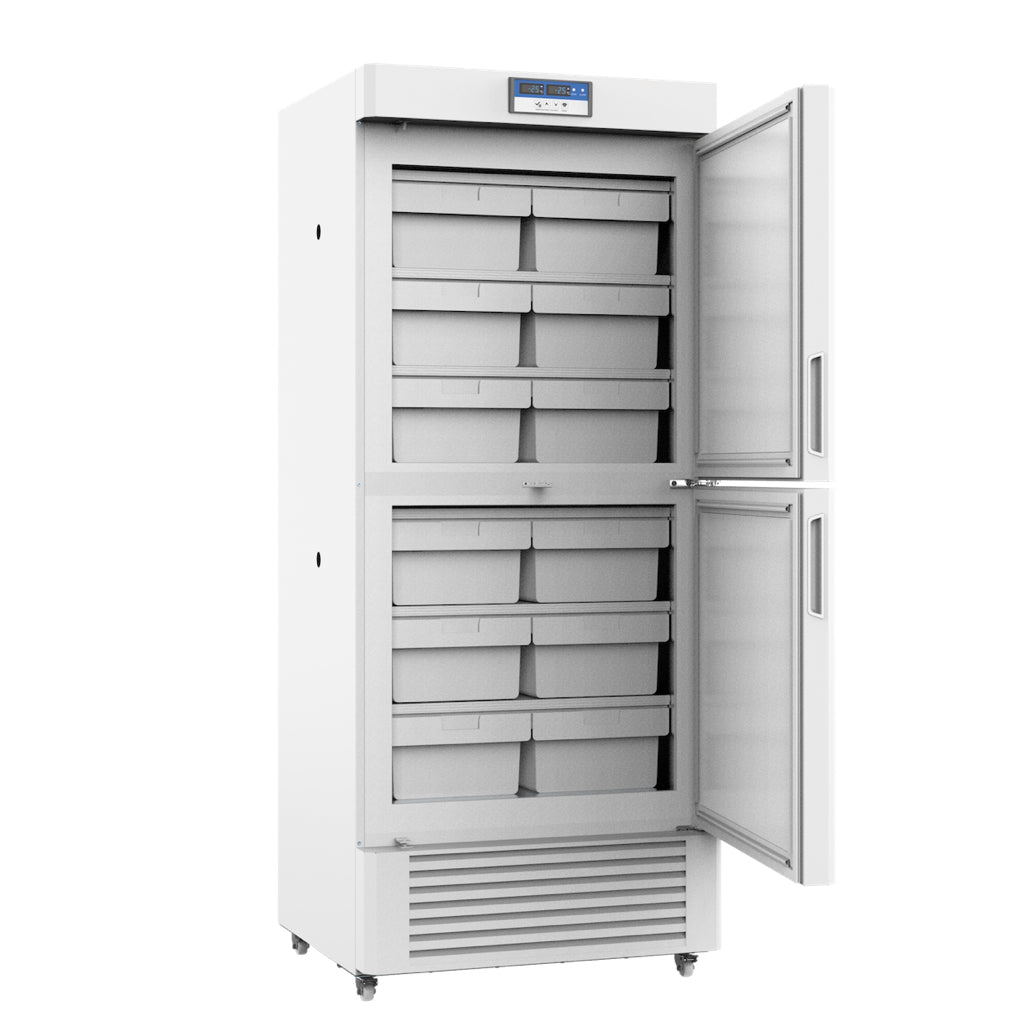 A white two-chamber biomedical freezer with high-precision temperature control and a digital display screen. Ideal for medical and lab storage of blood plasma, reagents, and more.