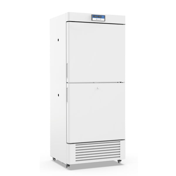 A white two-chamber biomedical freezer with high-precision temperature control and a digital display. Ideal for medical and scientific storage.