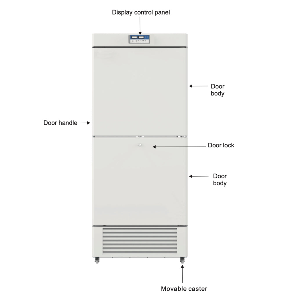 A white refrigerator with two chambers, two compressors, and a digital temperature display. Ideal for medical and lab freezer storage.