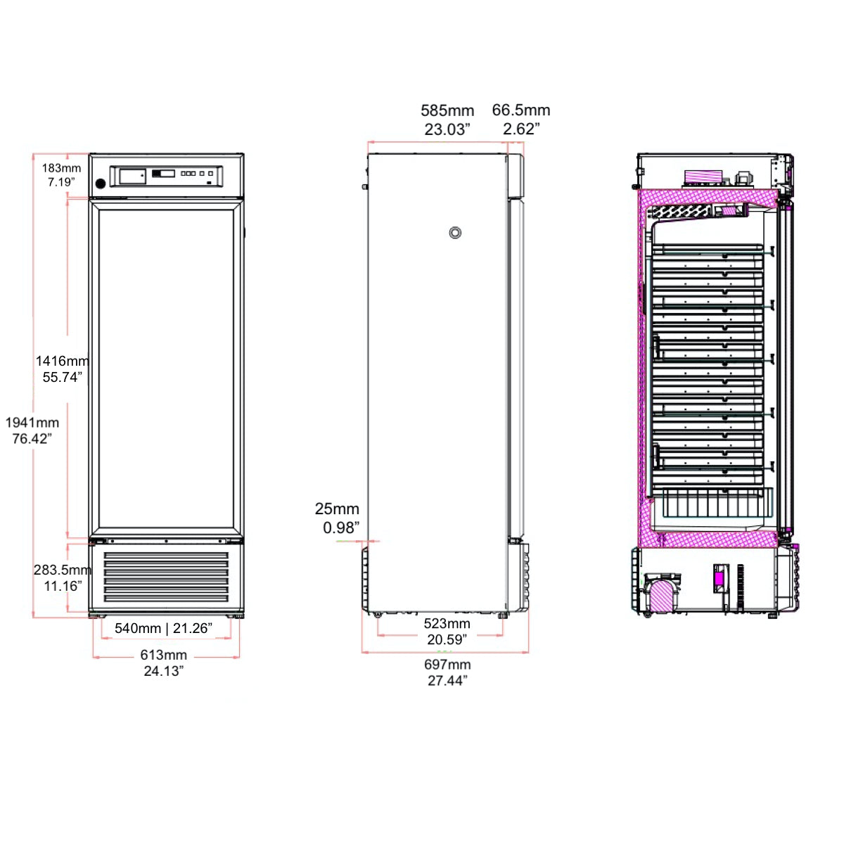 A diagram of a Kings Bottle -2℃ to 8℃ 395L upright medical refrigerator with adjustable shelves and a digital temperature display.