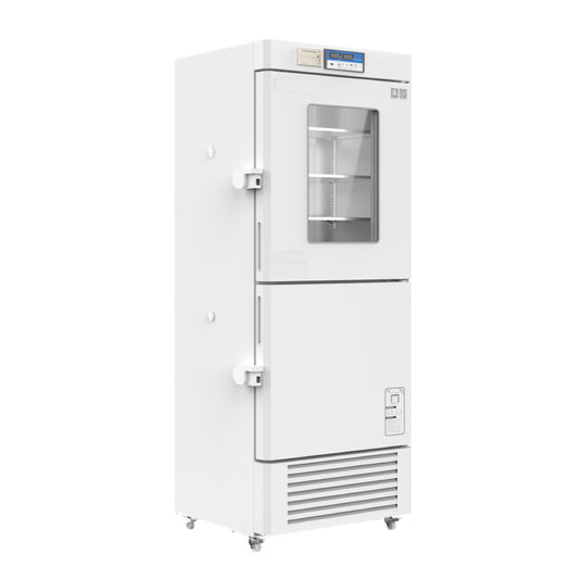 A white refrigerator with glass door, 2°C~8°C upper chamber and -10°C~-25°C lower chamber temperatures, ideal for medical and laboratory storage.