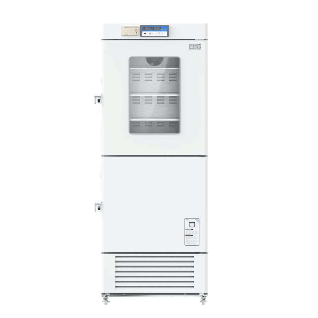A white refrigerator with a screen and display, perfect for medical and laboratory material storage.