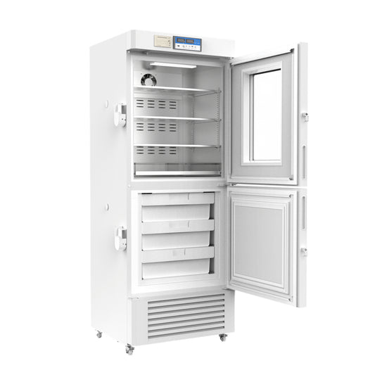 A white combination refrigerator-freezer with open doors and multiple compartments for storing medical and laboratory materials.